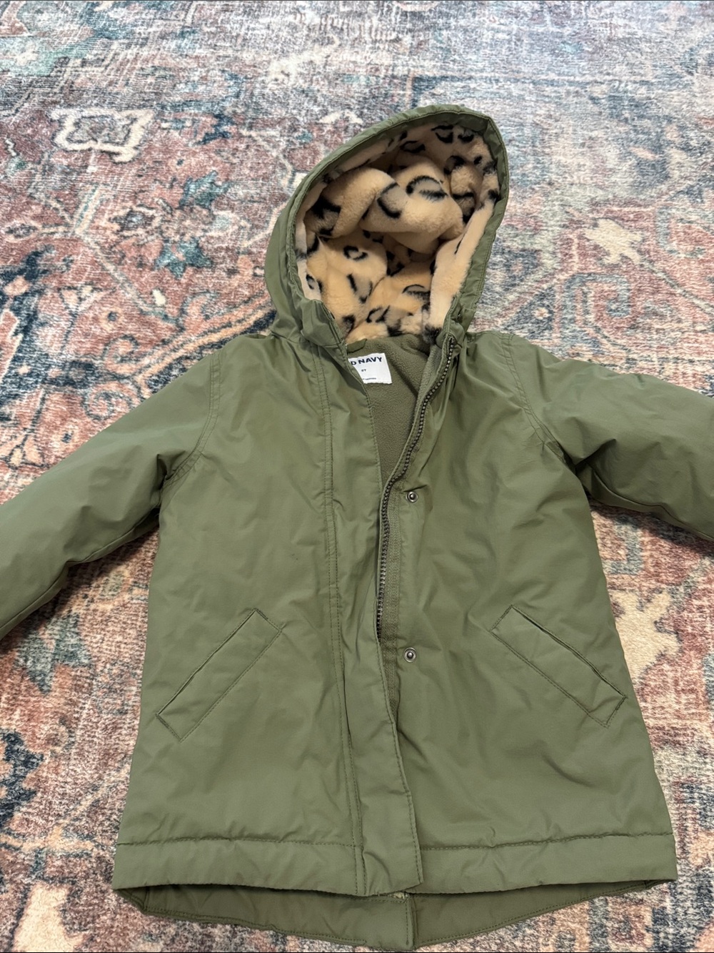 Old Navy Olive Green Kids Hooded Puffer Coat with Leopard Faux-Fur Lining